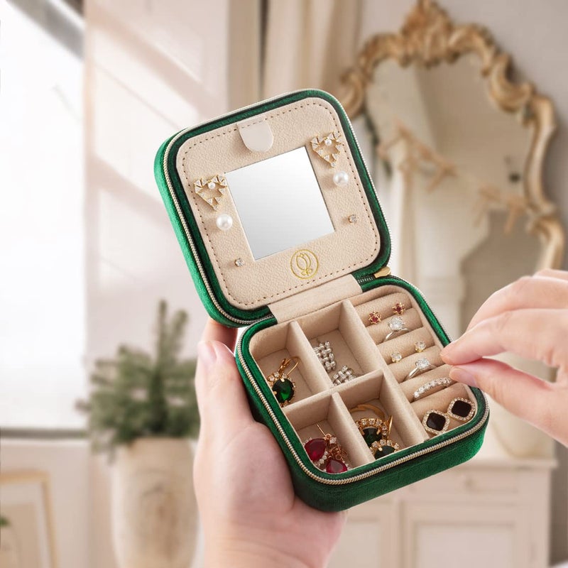 ZPROW Plush Velvet Travel Jewelry Case  Travel Jewelry Organizer  Jewelry Travel Case  Travel Jewelry Box  Small Jewelry Case for Women Jewelry Travel Box  Earring Organizer with Mirror - Emerald Green - Image 2